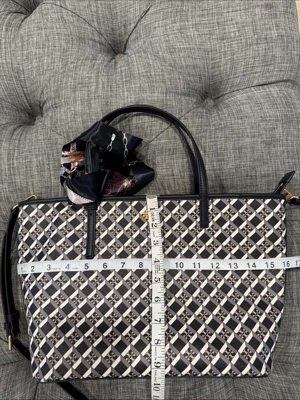 Tory Burch Bag Geo Logo Black & White Print Leather Tote Bag Satchel Crossbody